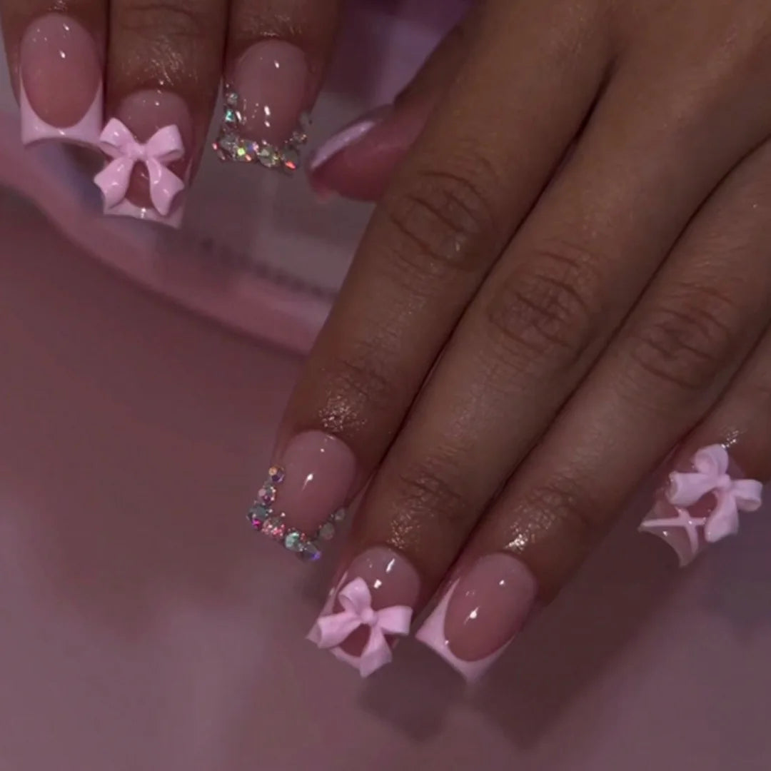 White French Press on Nails 3D Bowknot Fake Nails Tips Full Cover Wearable False Nails for Women and Girls DIY 24Pcs