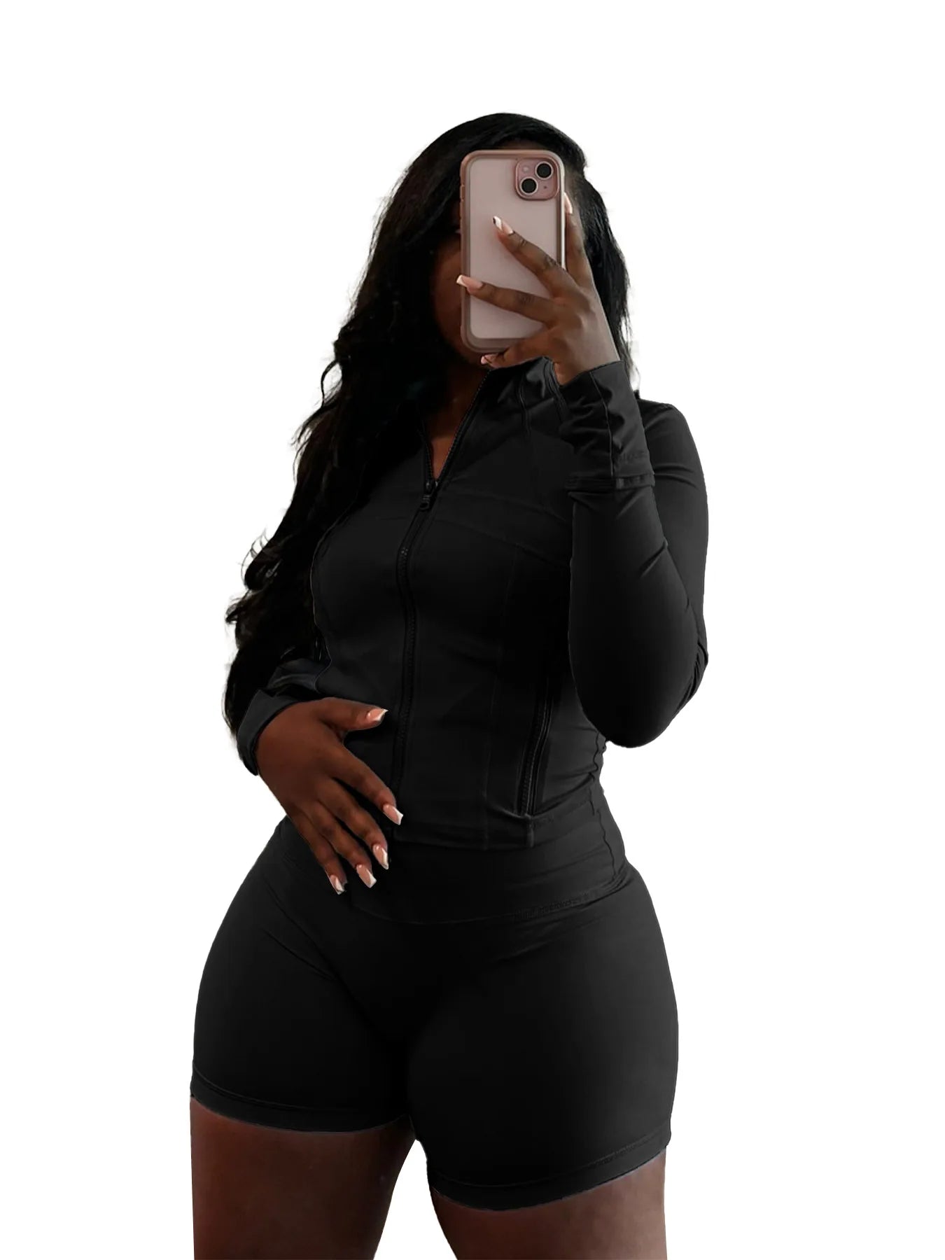 HLJ&GG Casual Sporty Skinny Shorts Two Piece Sets Women Zip Long Sleeve Slim Top + Shorts Outfits Summer New Stretchy Tracksuits