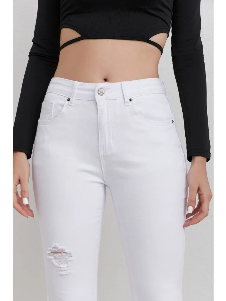 Ladies White jeans, Trousers High waisted Distressed Flare Leg Fashionable Jeans Street style Outfit