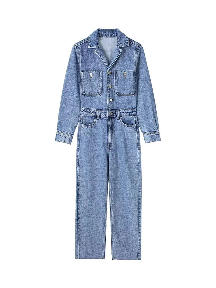 2023 New Woman Jeans Jumpsuit Long Sleeves High Waist jeans Bodysuit Notched Fashion Playsuit Jumpsuits