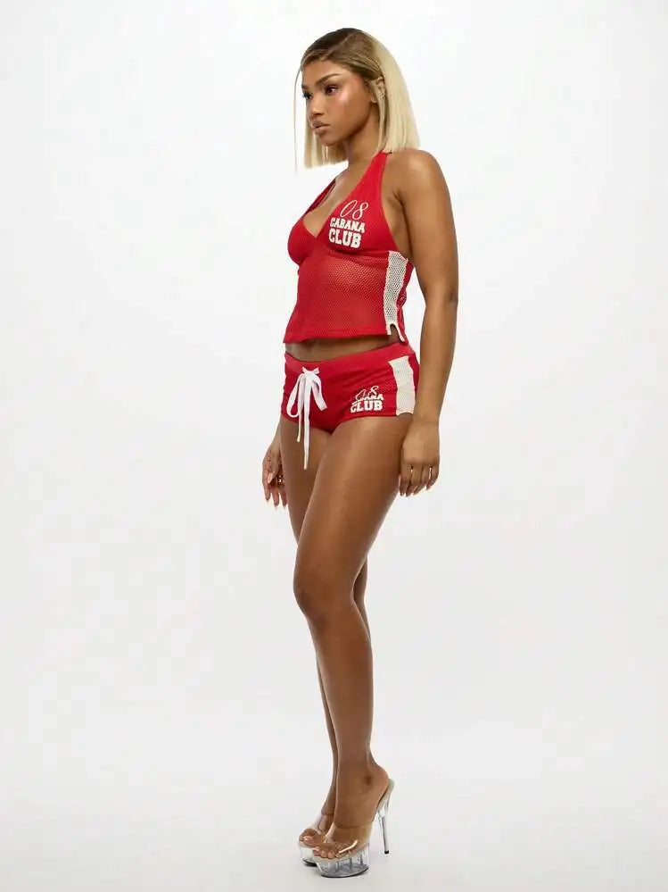 HLJ&GG Red Fashion Mesh Letter Print Two Piece Sets Women Halter Slim Crop Top+Drawstring Shorts Outfits Y2K Summer Streetwear