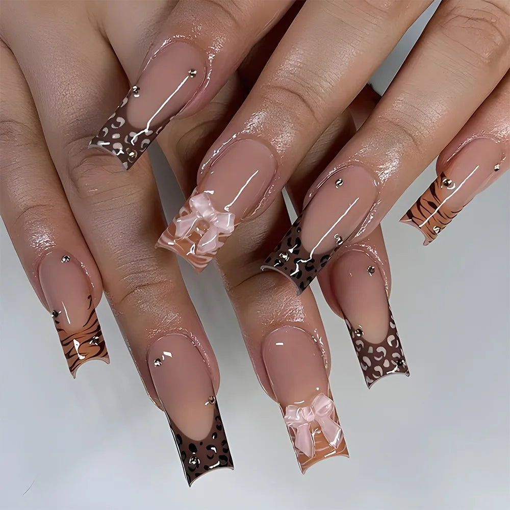24Pcs Shimmery Long Coffin False Nails with Glue Ballerina Nail Design Sweet Fashion French Press on Acrylic Nails Tips