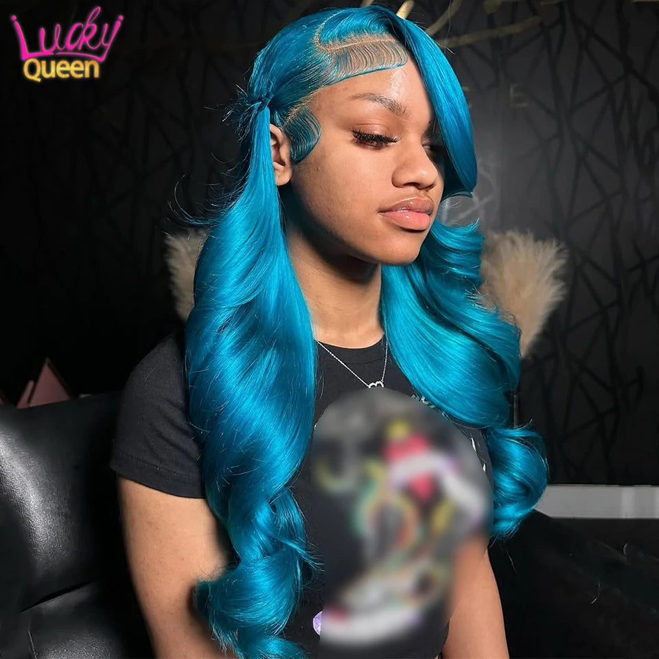 180 Density Sky Blue Human Hair 613 Colorful Wig Lace Front 13X6 Transparent Lace Pre Plucked Body Wave 13X4 For Women Baby Hair