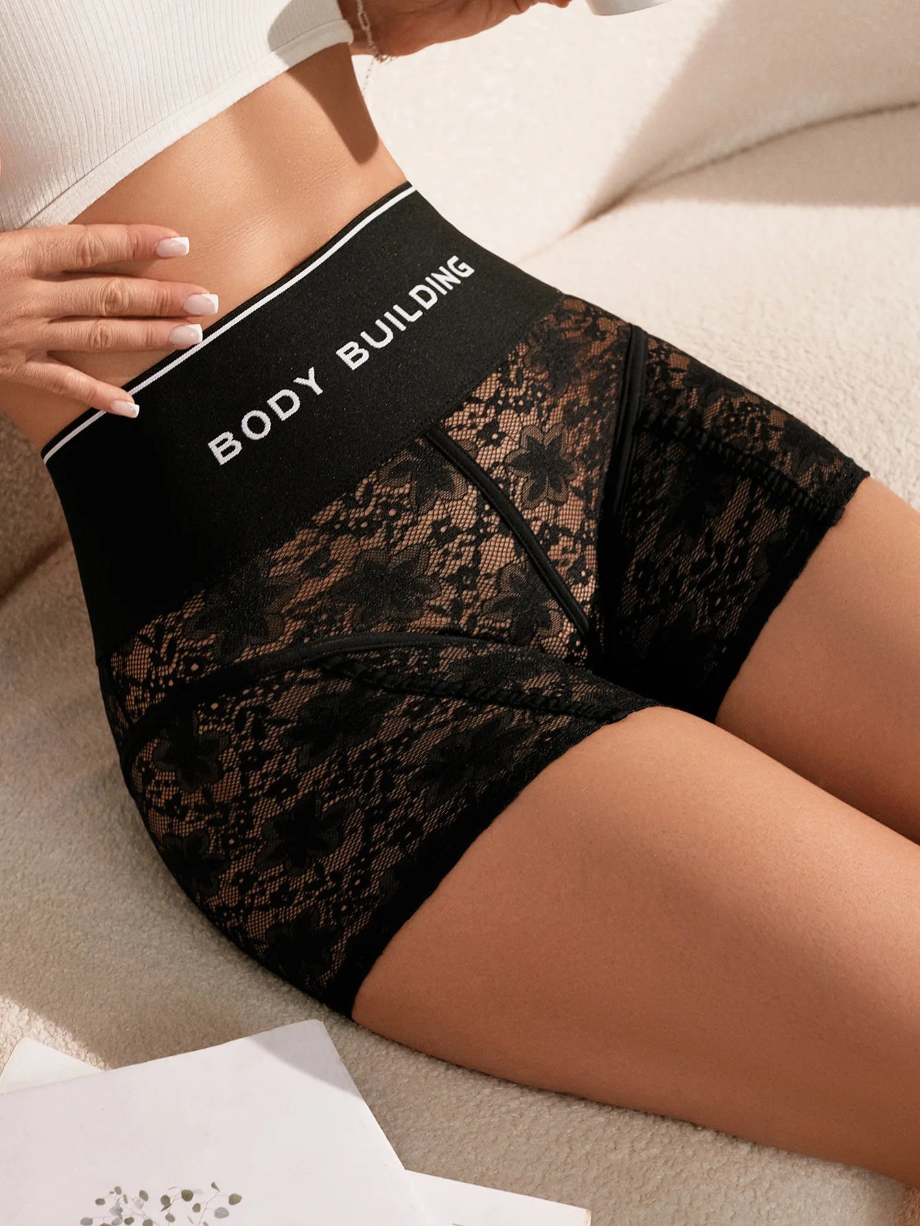 HLJ&GG Trendy Summer New Letter Printing Lace See Though Shorts Two Piece Sets Women Round Neck Slim Crop Top And Shorts Outfits