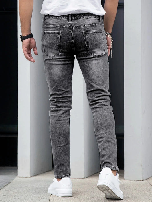 1 Piece of Men's Four-Season Snowflake Washed Fashion Jeans, Stretch Slim Fit Light Gray Dark Black Casual Denim Pants, Normcore and Fashionable, Suitable for Everyday Wear