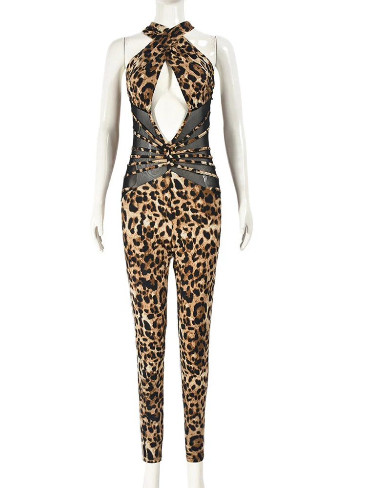 Kricesseen Sexy Leopard Hollow Out Details Skinny Jumpsuits Women Print Backless Halter Fitted Rompers Clubwear Outfits