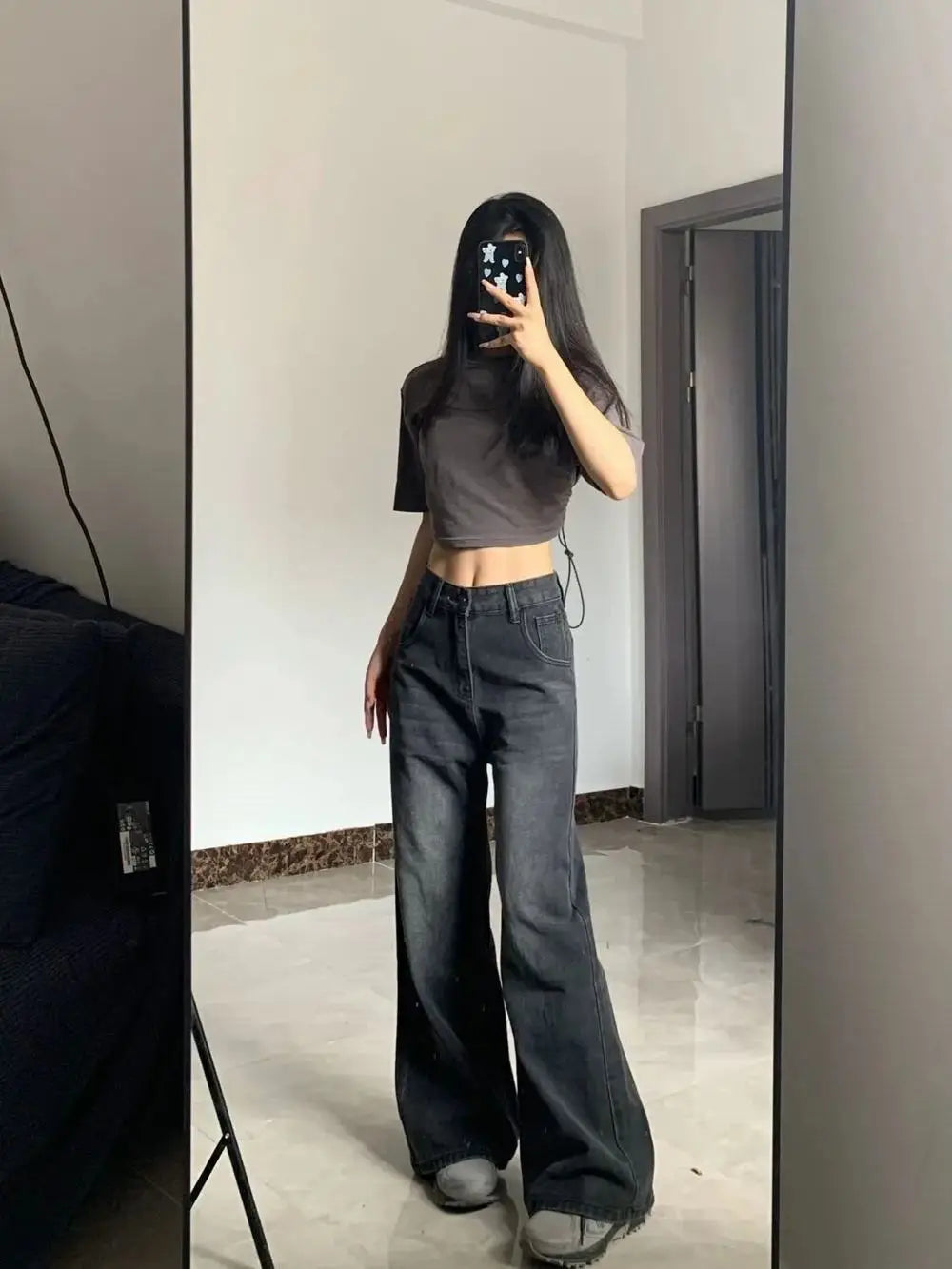 Korean Vintage High Waist ladies Jeans Y2K Slimming Pear-Shaped Loose Straight Bell Bottoms Black Gray Baggy Trousers