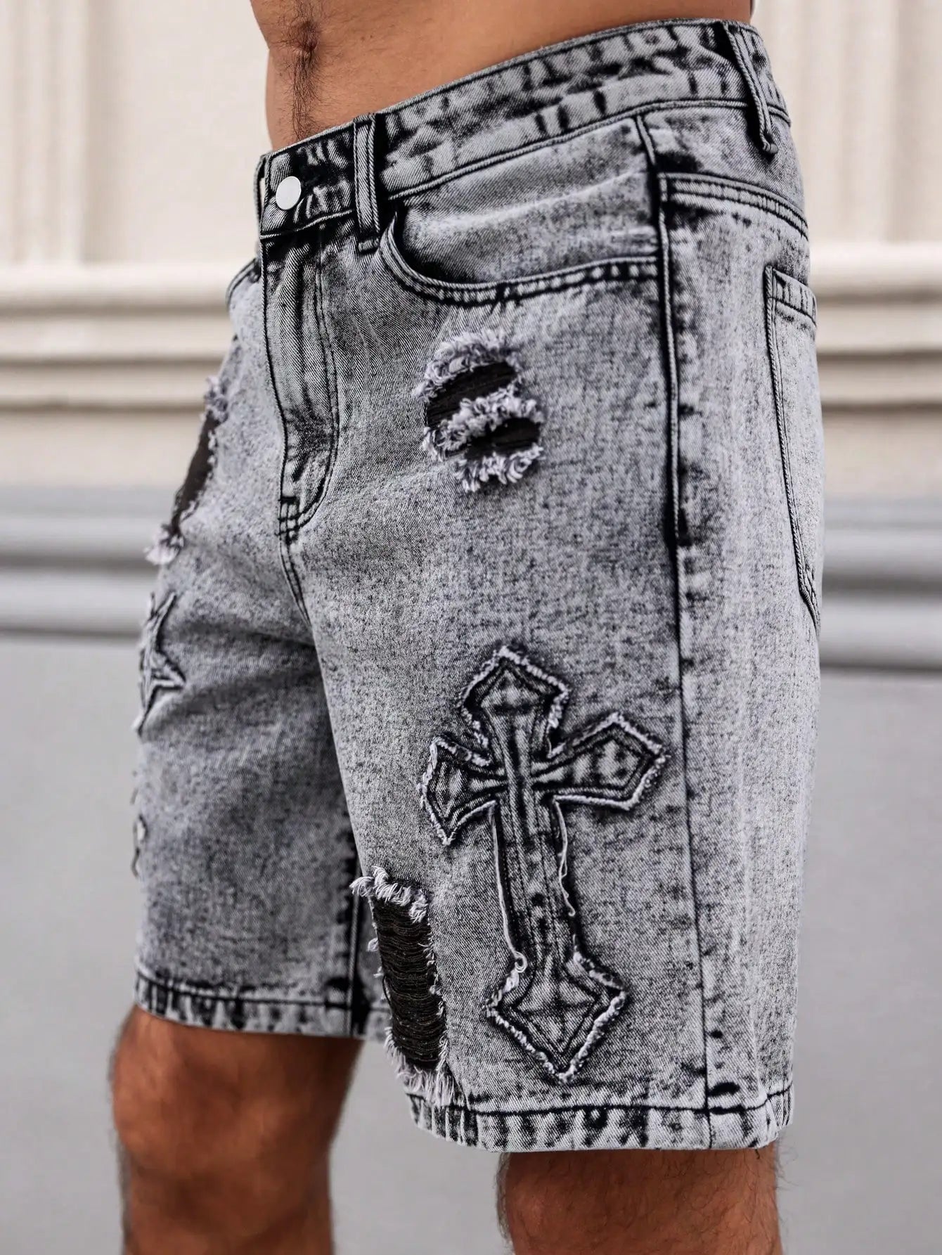 Summer Denim Shorts. Straight-leg fit. Ripped design. Dark gray denim embroidered shorts, men's jeans