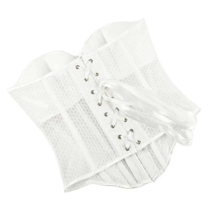 Women Lace Up Sexy Transparent Mesh Boned Corset Overbust Bustier Lingerie Bodyshaper Top Corsets Top