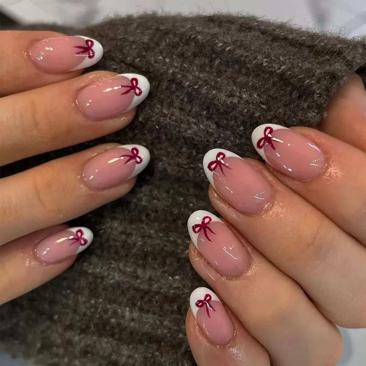 White French Press on Nails 3D Bowknot Fake Nails Tips Full Cover Wearable False Nails for Women and Girls DIY 24Pcs