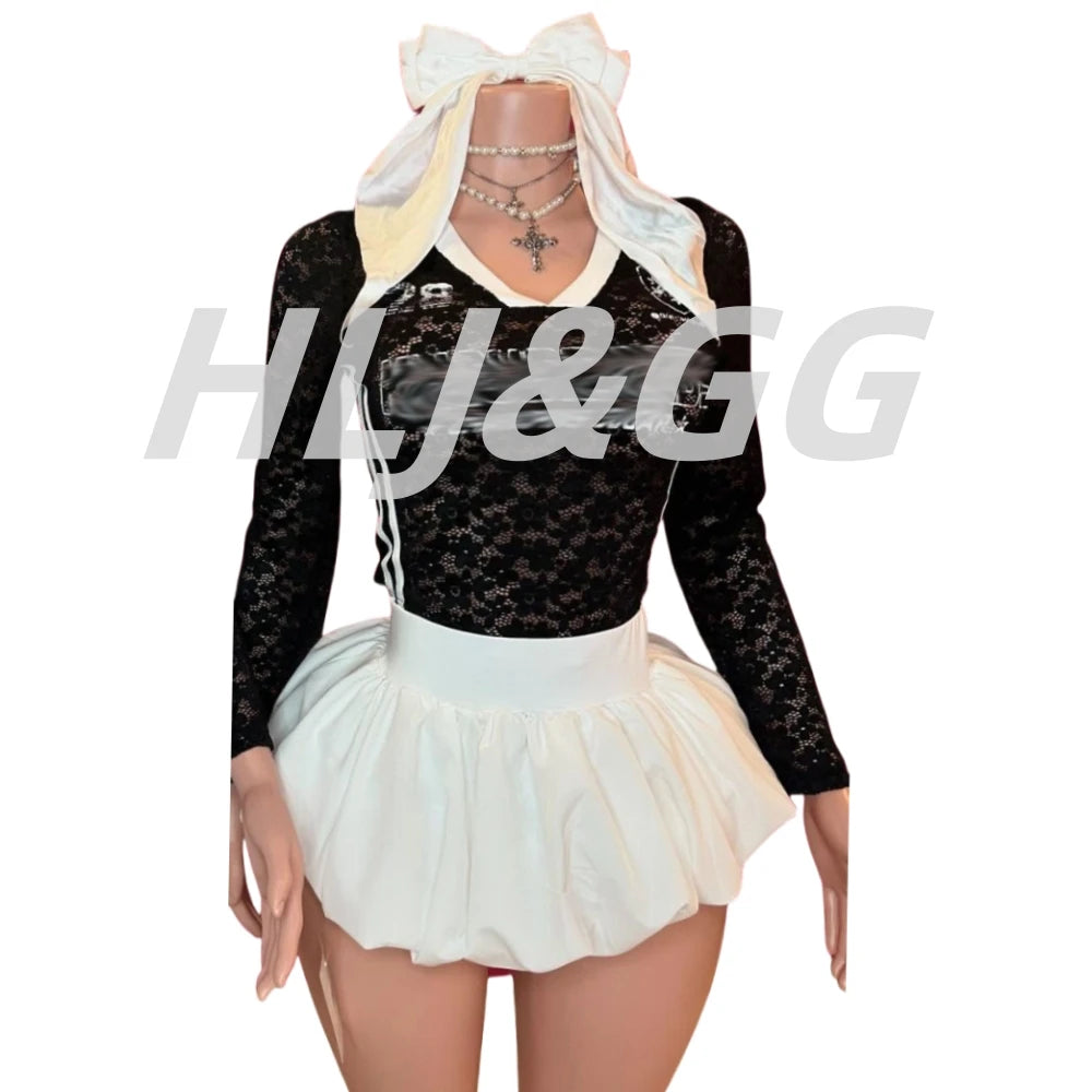 HLJ&GG Summer New Lace Letter Print Two Piece Sets Women V Neck Long Sleeve Top And Mini Skirts Outfits Fashion Streetwear 2025