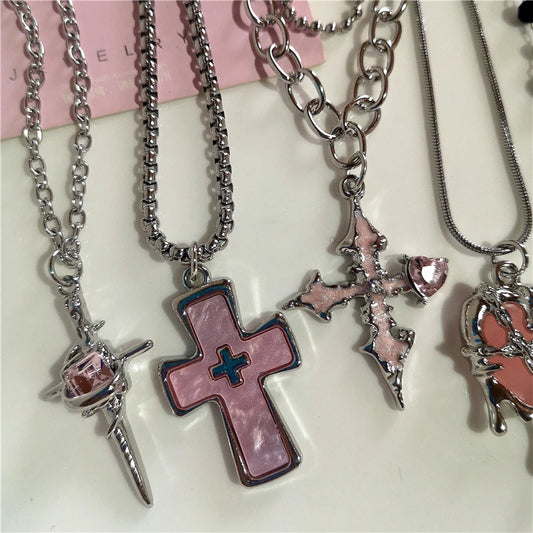 Gothic Y2K Pink Cross Heart Pendant Chain Choker Necklace For Women Egirl Hip Hop Punk Charms Aesthetic Jewelry EMO Accessories