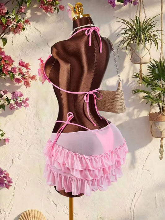 Sexy Pink 3D Floral Bikini Set Women Mesh Ruffle Cover Up 3 Piece Swimsuit 2026 Summer Push Up Bra Bathing Suit Holiday Swimwear