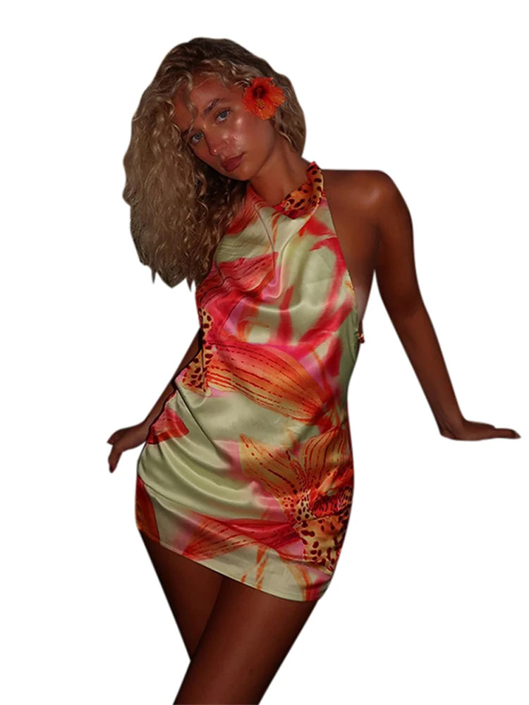 Backless Satin Short Dress Women Sexy 3D Flower Print Lace Up Sleeveless Halter Dresses 2025 Summer Beach Vacation Lady Vestisos