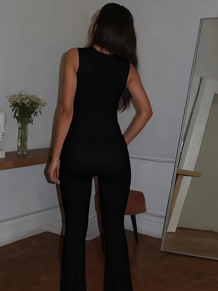Weird Puss Heart Hollow 2 Piece Set Women o-Neck Sleeveless Tops+Skinny Stretch Pants Vacation Casual Simple Elegant Solid Suits