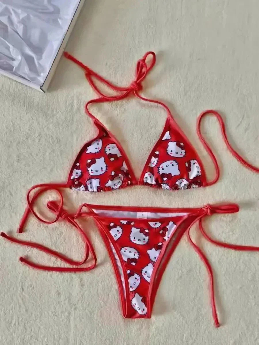 Hello Kitty Bikinis Set Kawaii Y2K Summer 2024 New Women Swimsuit Beach Strappy Panties Sexy Swimwear for Girl