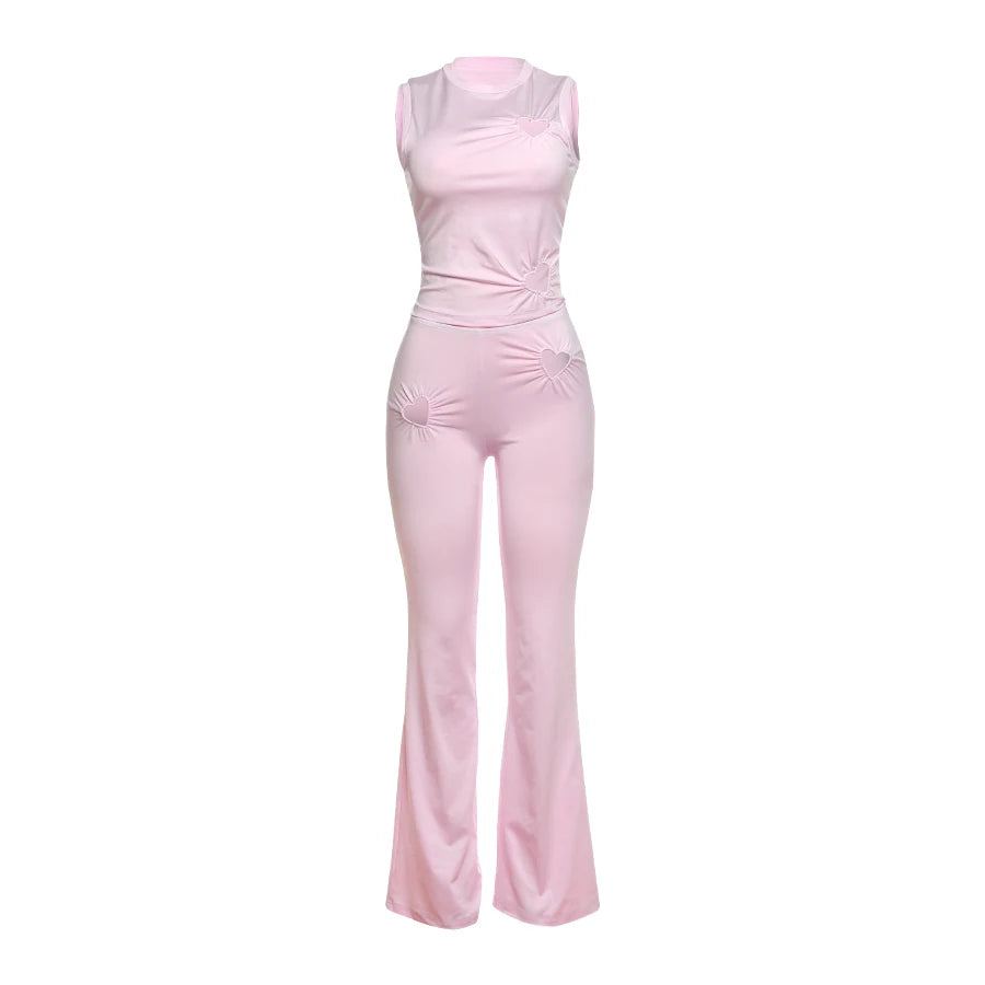 Weird Puss Heart Hollow 2 Piece Set Women o-Neck Sleeveless Tops+Skinny Stretch Pants Vacation Casual Simple Elegant Solid Suits