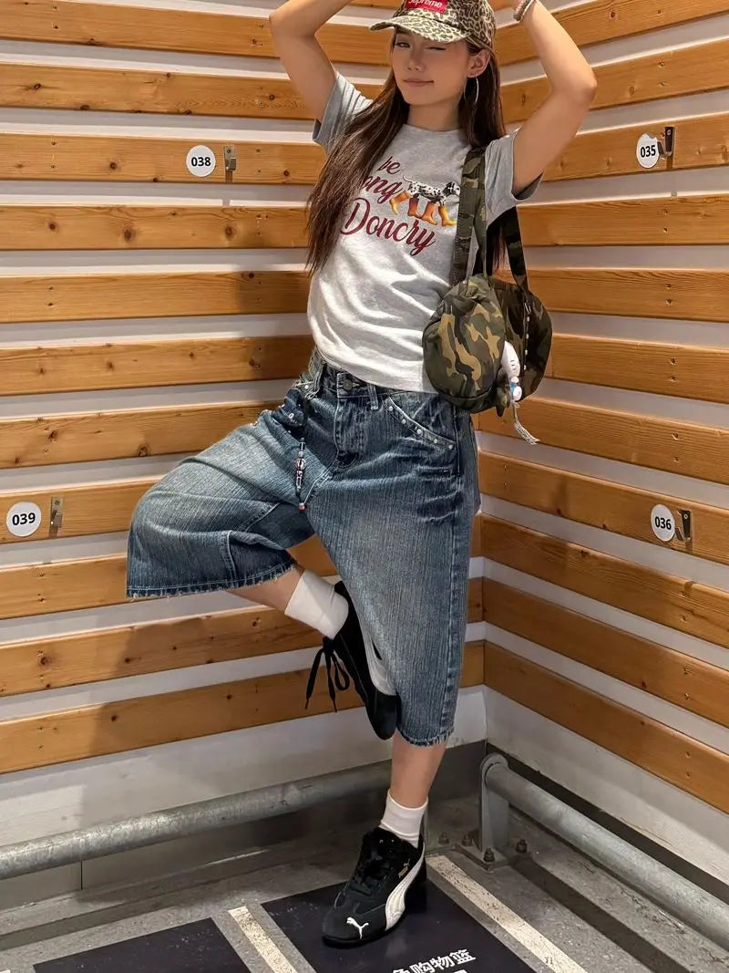 Harajuku Street Style Y2K Vintage Shorts High Waist Baggy Punk Blue Jean Women Casual Loose Fit Calf Length jeans Shorts