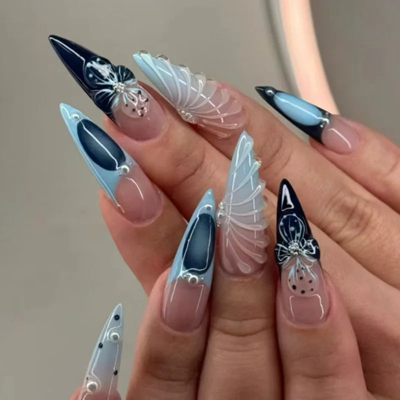 24pcs 3D Pink Flower Design Fake Nails Ins Gradient Pink Sweet False Nail Detachable French Almond Press on Nails for Women Girl