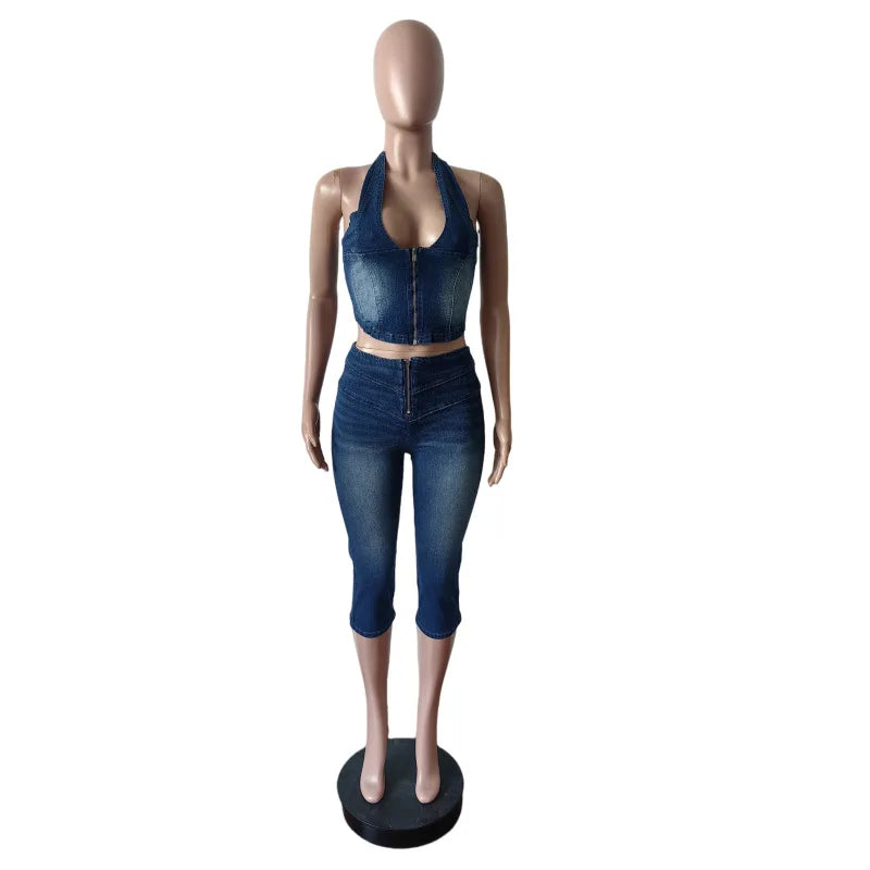 HLJ&GG Blue Fashion jeans Halter Two Piece Sets Women Sleeveless Backless Slim Crop Top And Skinny Jean Pants Outfits Streetwear