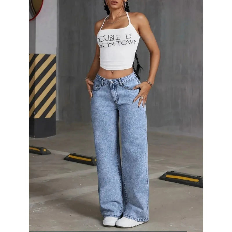 Wide Leg Jeans High waisted Bow Embroidered Pocket Wide Leg Jeans Fashionable ladies Trousers Casual Style