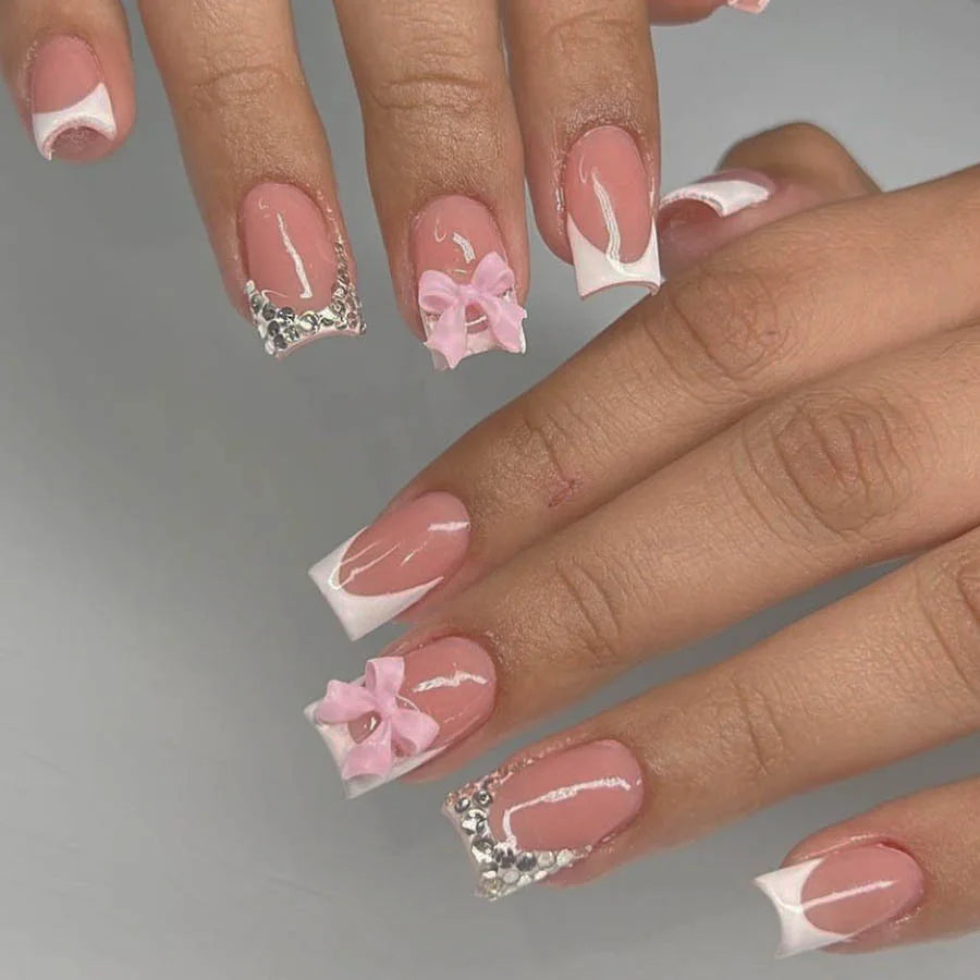 24pcs Nude Pink False Nails Patches 3D Bowknots Flower Press On Nails 2024 New Wearable White French Style Fake Nail Tips