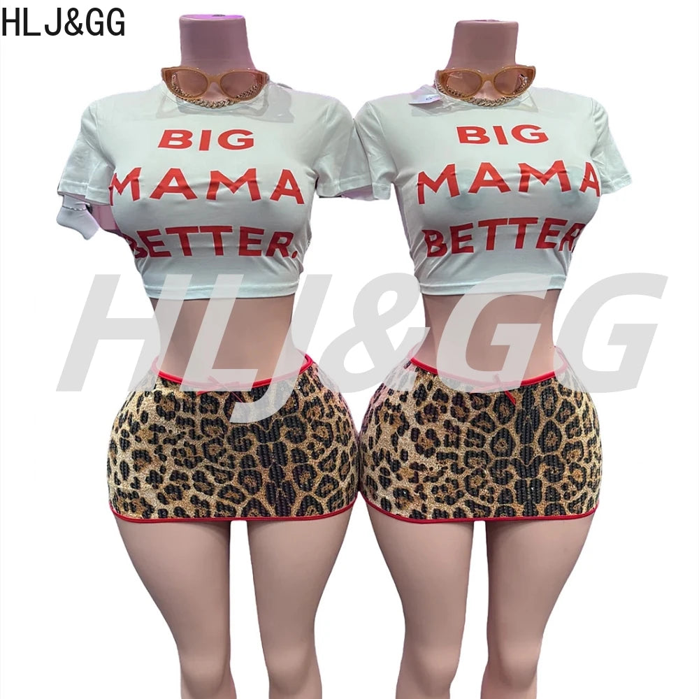 HLJ&GG Fashion Y2K Sequin Leopard Mini Skirts Two Piece Sets Women O Neck Short Sleeve Slim Croptop And Skirts Outfit Streetwear