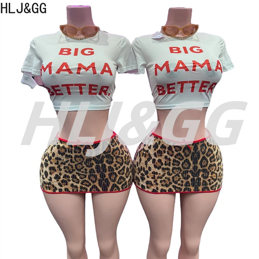 HLJ&GG Fashion Y2K Sequin Leopard Mini Skirts Two Piece Sets Women O Neck Short Sleeve Slim Croptop And Skirts Outfit Streetwear
