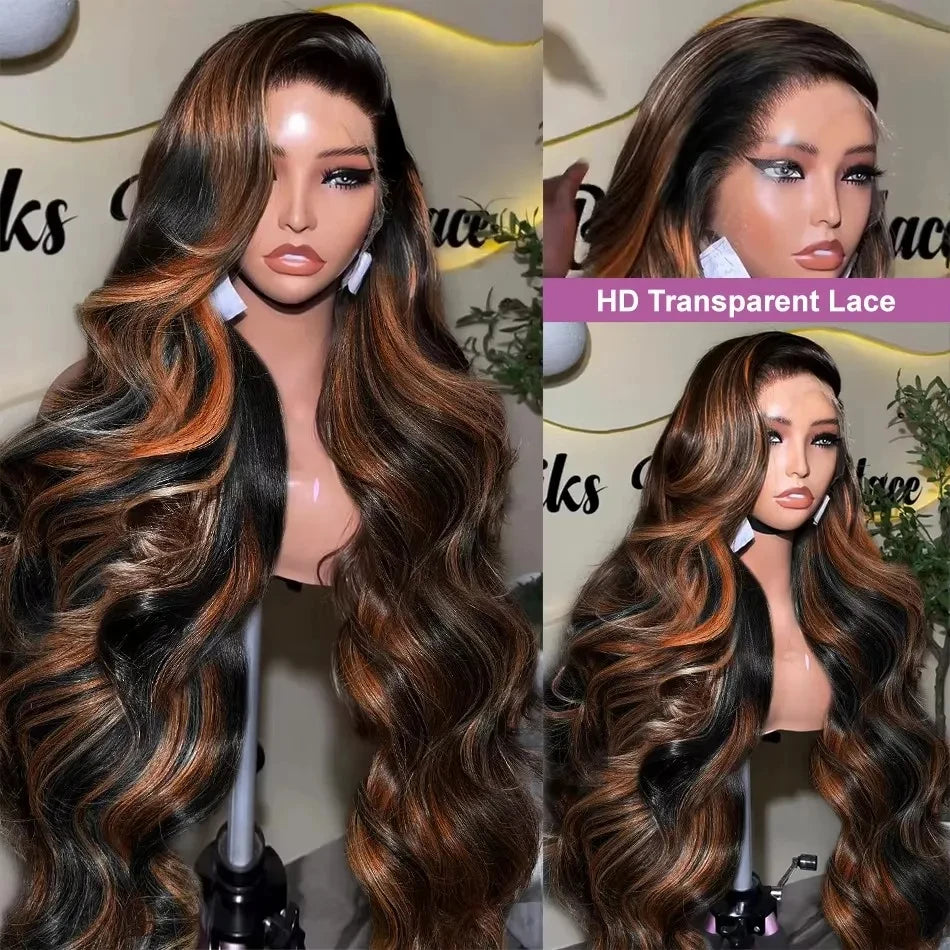 Upgraded 1B/30 Balayage Body Wave 13x4 Highlight Lace Front Human Hair Wig Vietnamese 30 Inch Omber Brown Colored Wig Human Hair