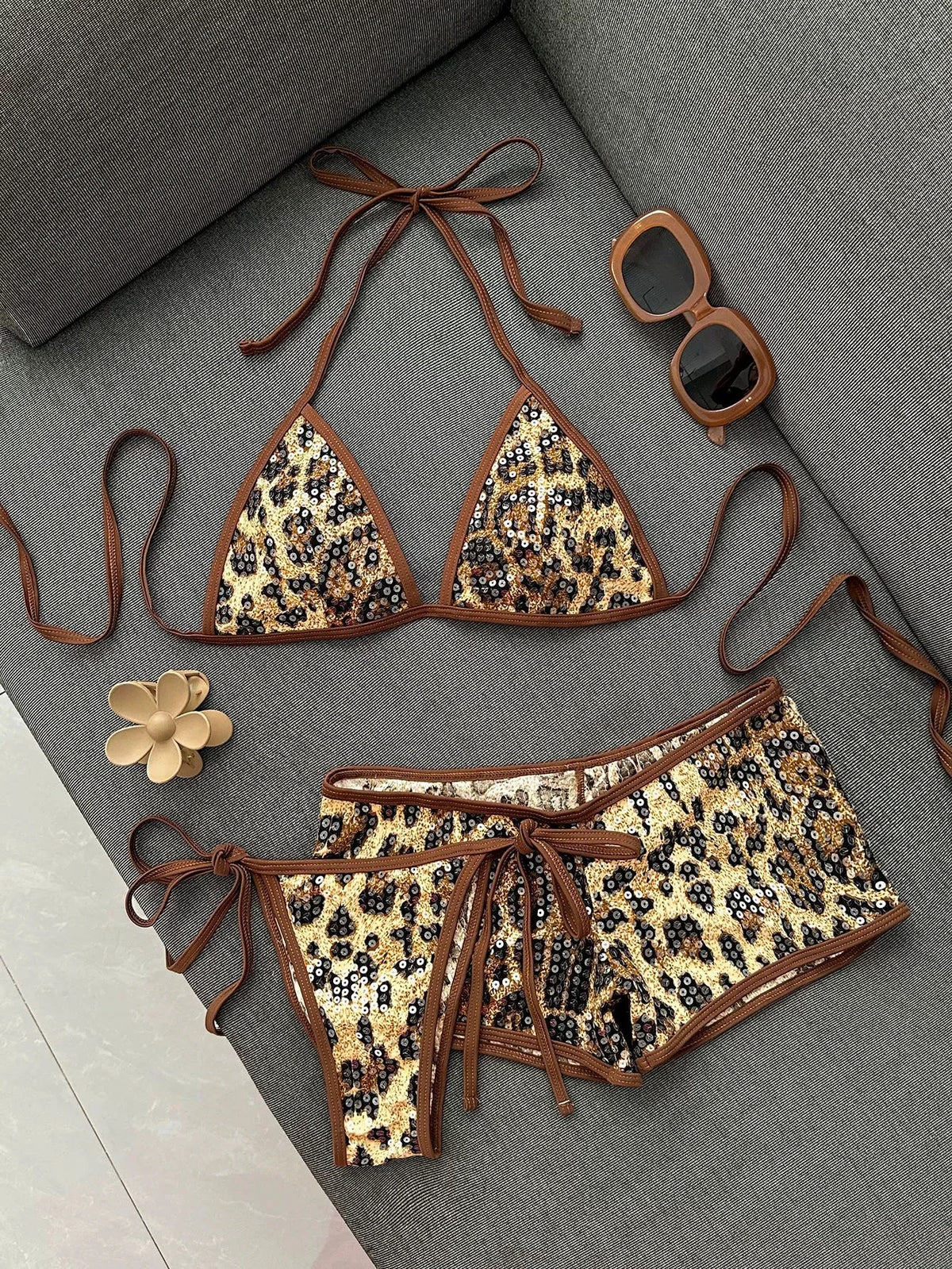 DEKA Sexy Shiny Sequin Leopard Print Bikini Set Women 3 PCS Push Up Bra High Waist Swimuit Beach Bathing Suit Holiday Swimwear