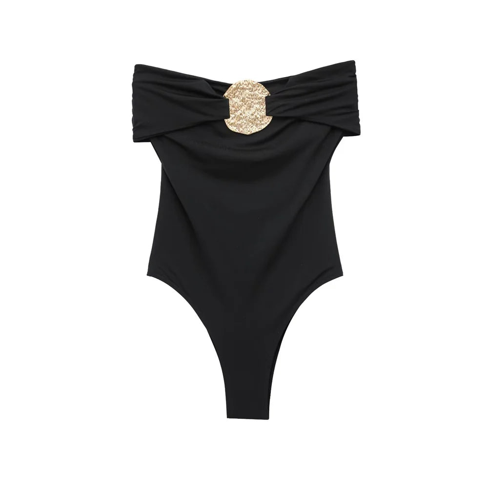 PB&ZA 2025 Women Off Shoulder One Piece Swimsuit with Decorative Buckle Stylish Black and Brown Design for Sale on AliExpress