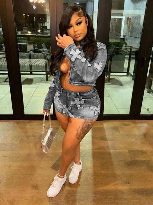 Weird Puss Vintage Women 2piece Set Half High Collar Zip Jacket+High Waist Mini Skirt Hipster Streetwear jeans Embroidery Suits