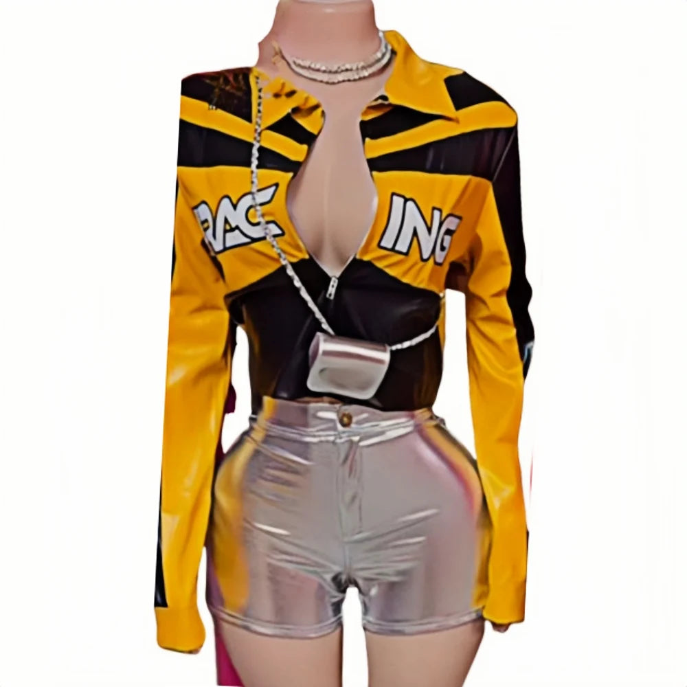 HLJ&GG Trendy Women's Outfits Women Leather Punk Letter Embroidery Crop Jacket And Button Shorts Two Piece Sets Y2K Streetwear