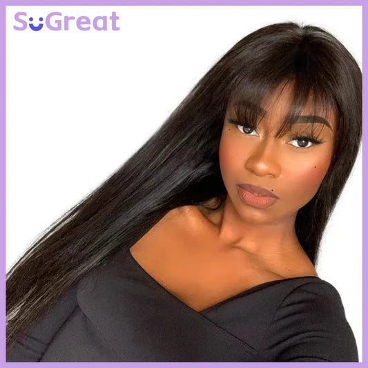 Straight Human Hair Wig With Bangs Fringe 3x1 HD Lace Frontal Wigs Bone Straight Glueless Front Wigs Human Hair Ready To Wear