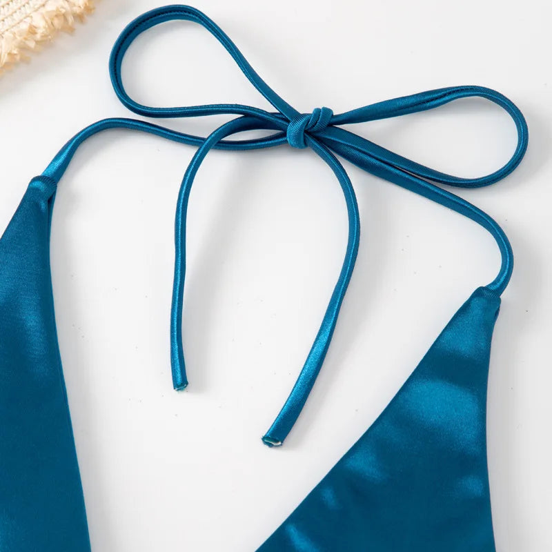 Halter Brazilian Metallic Satin Bikini Swimwear, Swimsuit Two-pieces Bikini Set High Cut Bathing Suit Swim Beachwear