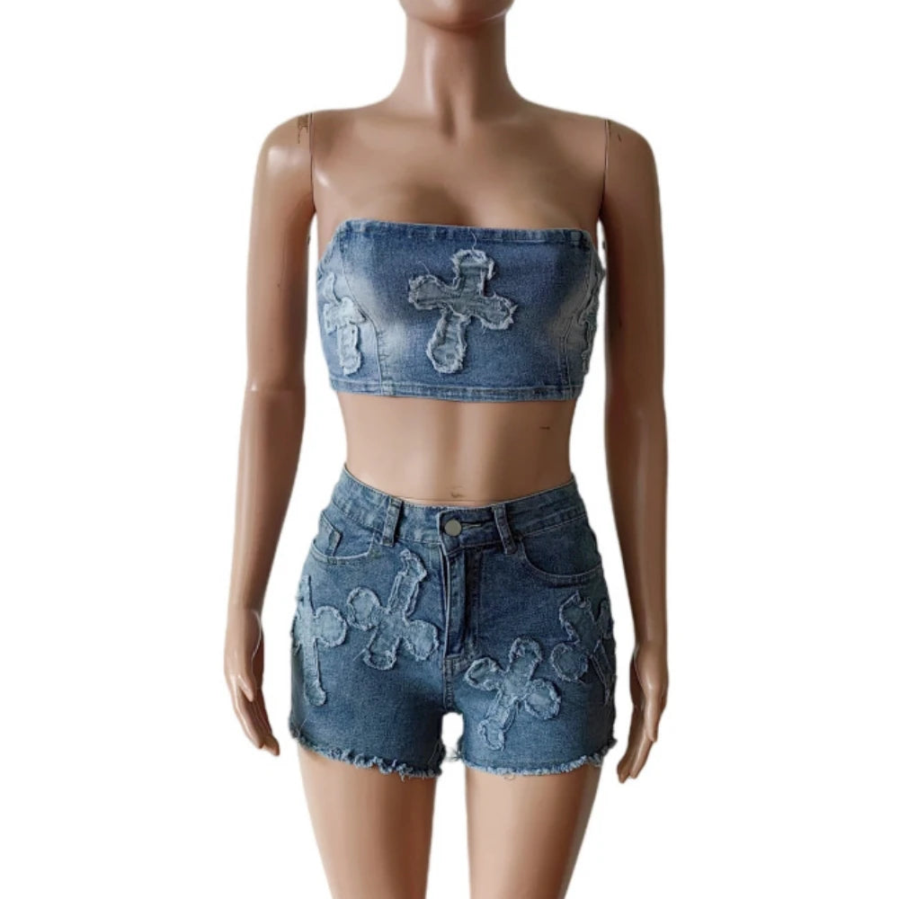 HLJ&GG Blue Fashion jeans Pocket Cargo Shorts Two Piece Sets Women Zipper Long Sleeve Crop Top And Shorts Outfits Cowboy Suits