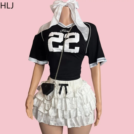 HLJ&GG Black Fashion Basketaball Tshirt Two Piece Sets Women V Neck Short Sleeve Top+Mini Bow Ruched Skirts Outfits Streetwear