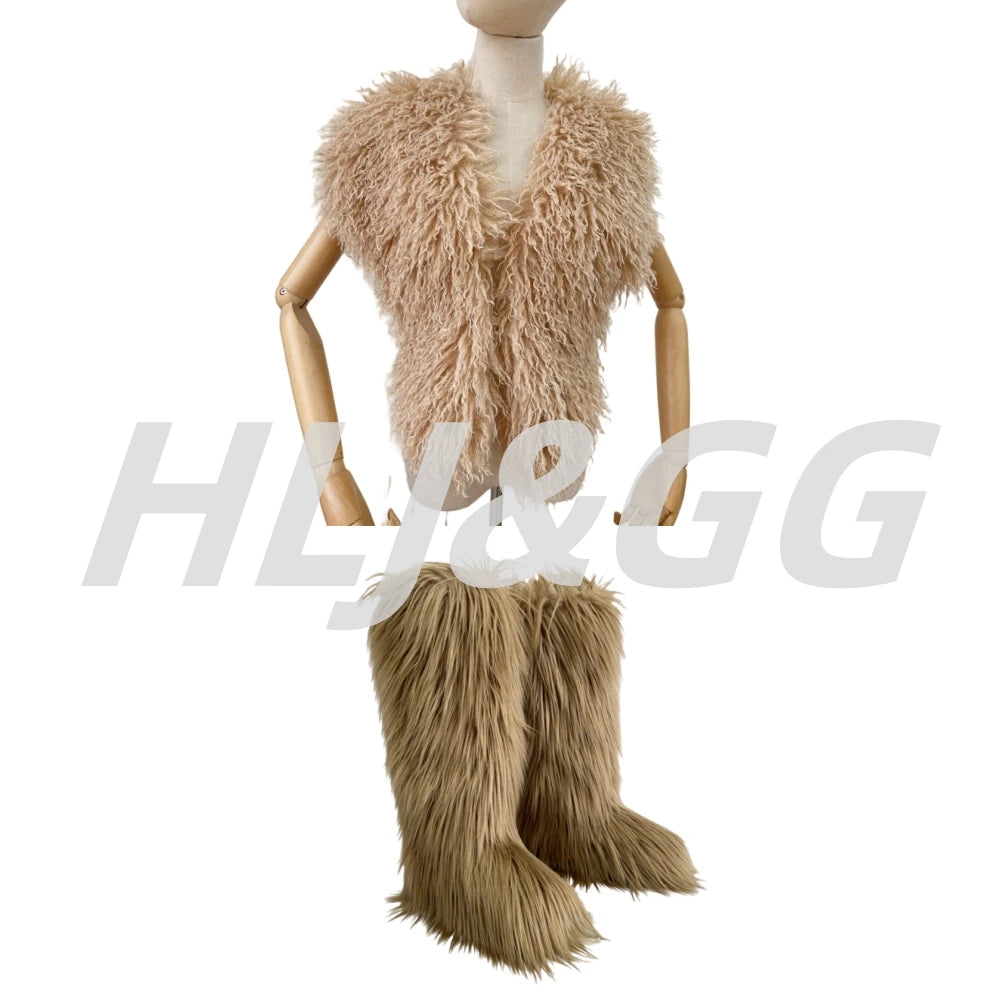 HLJ&GG Trend Y2K Two Piece Sets Women Fur Feather Halter Waistcoat Fashion Backless Lace Up Legs Cover Streetwear Clothing 2025