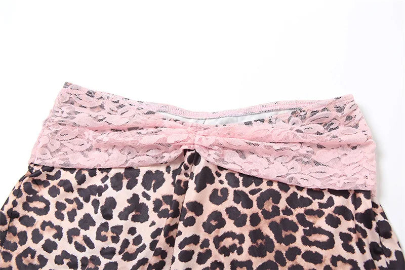 HLJ&GG Fashion Leopard Lace Stitching Two Piece Sets Women V Neck Spaghetti Strap Slim Crop Top + Shorts Outfits Sexy Streetwear
