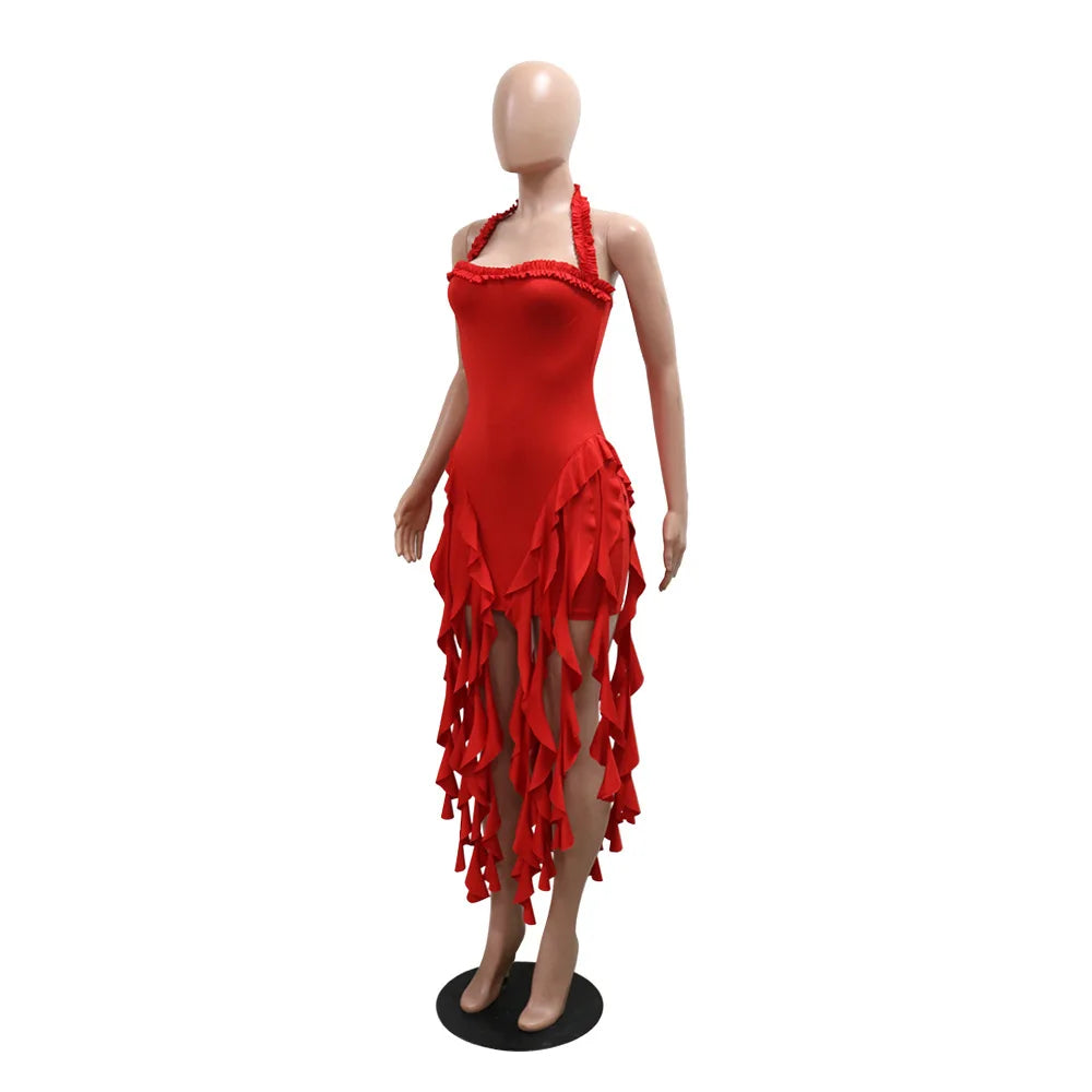 Weird Puss Sexy Halterneck Dress Women Chic Irregular Tassel Hem Backless Midnight Skinny Stretch Birthday Party Club Bodycon