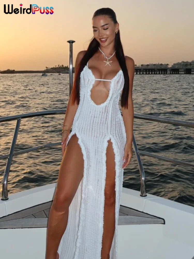 Weird Puss Patchwork Lace Sexy Dress Women See Through Summer Sleeveless Deep v-Neck Split Long Slim Bodycon Vacation Clubwear