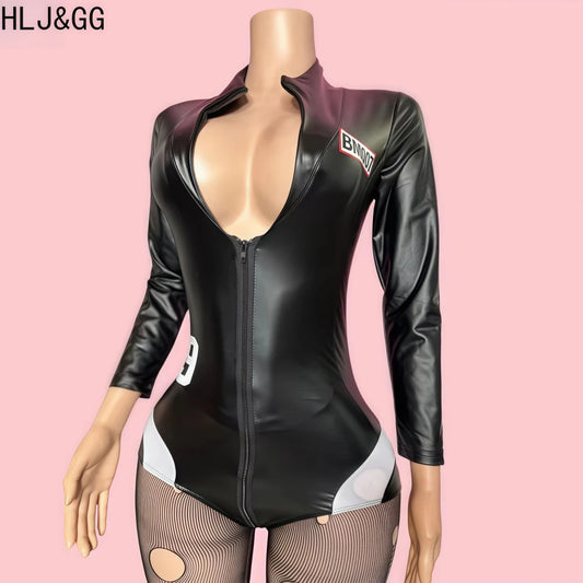 HLJ&GG Black Sexy Deep V Letter Print Bodysuits Women Zipper Long Sleeve Stretchy Bodycon Romper + Mesh Skinny Socks Outfits New