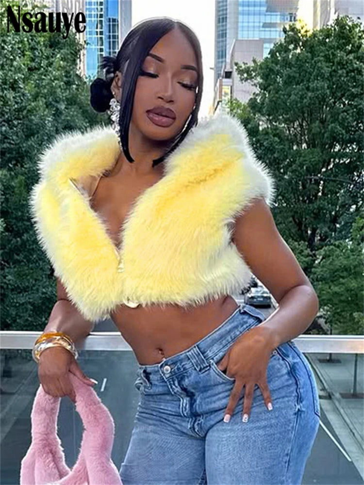 Nsauye Fashion Faux Fur Women Sleeveless Hooded Jackets 2025 Autumn Winter Warm Cardigan Tops Streetwear Slim Outerwear Coat