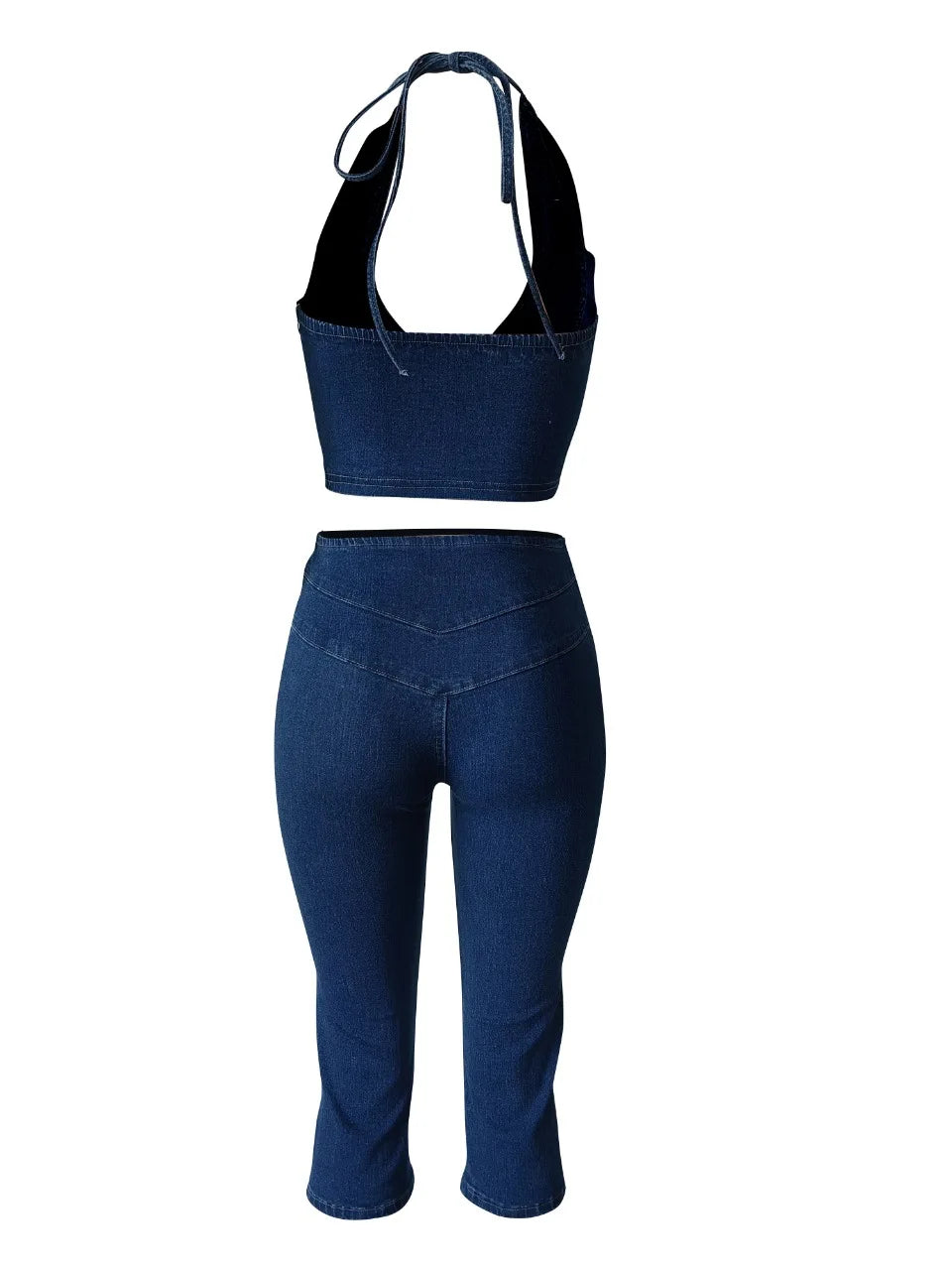 HLJ&GG Blue Fashion jeans Halter Two Piece Sets Women Sleeveless Backless Slim Crop Top And Skinny Jean Pants Outfits Streetwear