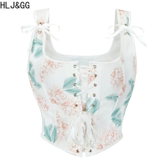 HLJ&GG Y2K Sexy Print Bandage Slim Vest Two Piece Sets Women Sleeveless Backless Crop Top And Ruffle Mini Skirts Outfits Fashion