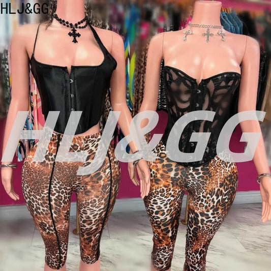 HLJ&GG Black Sexy Bandage Corse Two Piece Sets Women Sleeveless Backless Slim Top And Leopard Shorts Outfits Fashion Streetwear