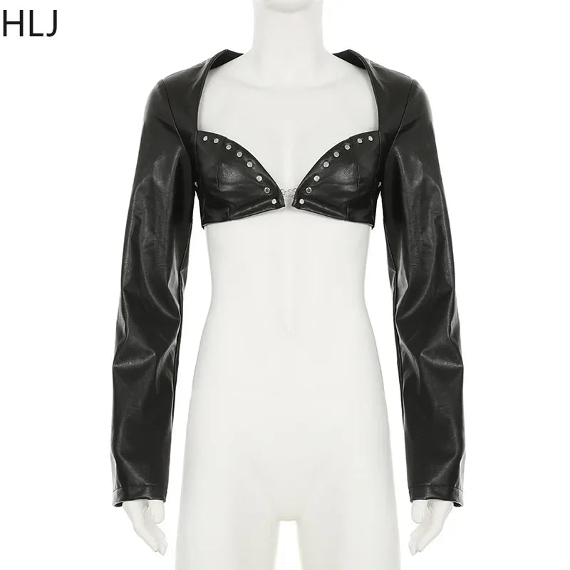 HLJ&GG Fashion Leather Long Sleeve Crop Jacket + Skinny Leopard Pants Two Piece Sets Y2K Cool Girl Outfits Women Sexy Streetwear