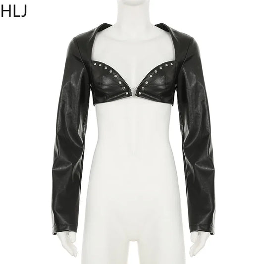 HLJ&GG Fashion Leather Long Sleeve Crop Jacket + Skinny Leopard Pants Two Piece Sets Y2K Cool Girl Outfits Women Sexy Streetwear