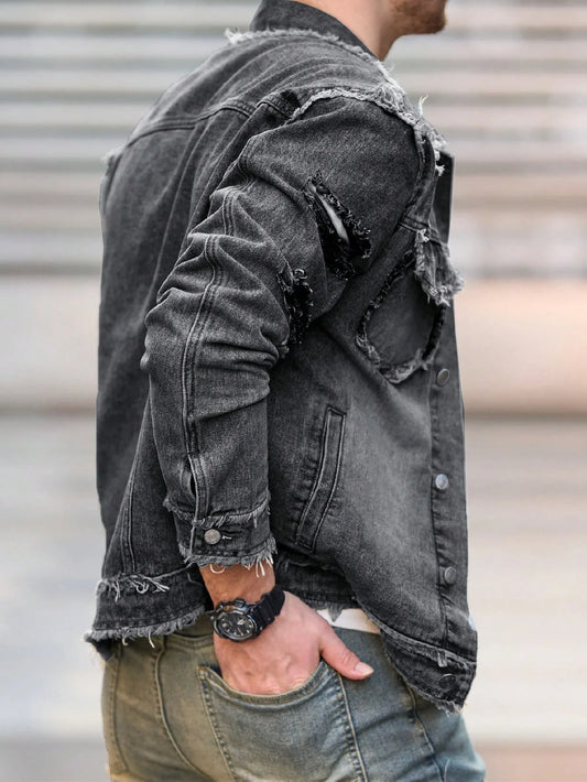 1pc Men's U2K Minimalist Style Ripped Raw Edge Ripped Casual Denim Jacket, Stylish Design for Everyday Wear Flight Jacket Denim