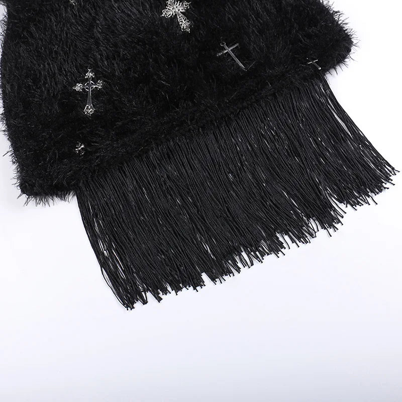 HLJ&GG Black Sexy Y2K Punk Tassels Two Piece Sets Women Chain Lace Up Slim Tube And Fur Mini Skirts Outfits Fashion Streetwear